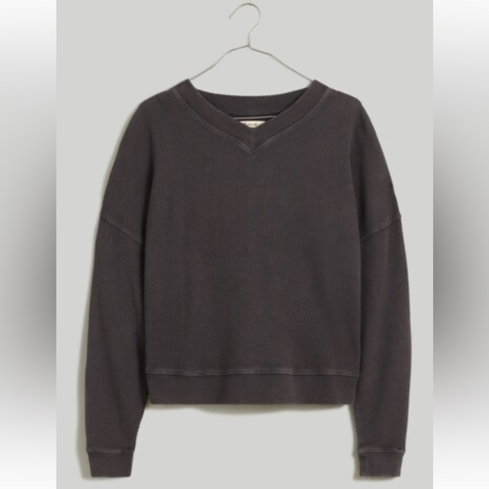 NWT Madewell Waffle Knit Boxy Sweatshirt Tee in Black Coal